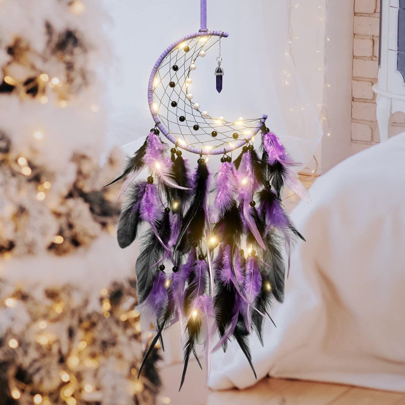 Dremisland Moon Dream Catcher with Fairy Lights-Handmade Colorful Feather Lucky Turquoise Pendant Beads Wall Hanging Ornament for Kids Bedroom Home Decoration Art Craft Gift. (Purple&Black) - Image 3